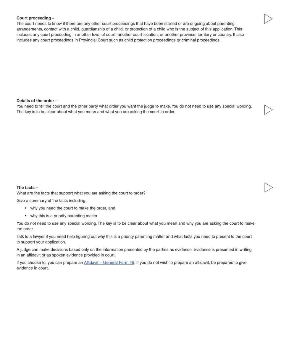 Form 15 (PFA722) Application About Priority Parenting Matter - British Columbia, Canada, Page 9