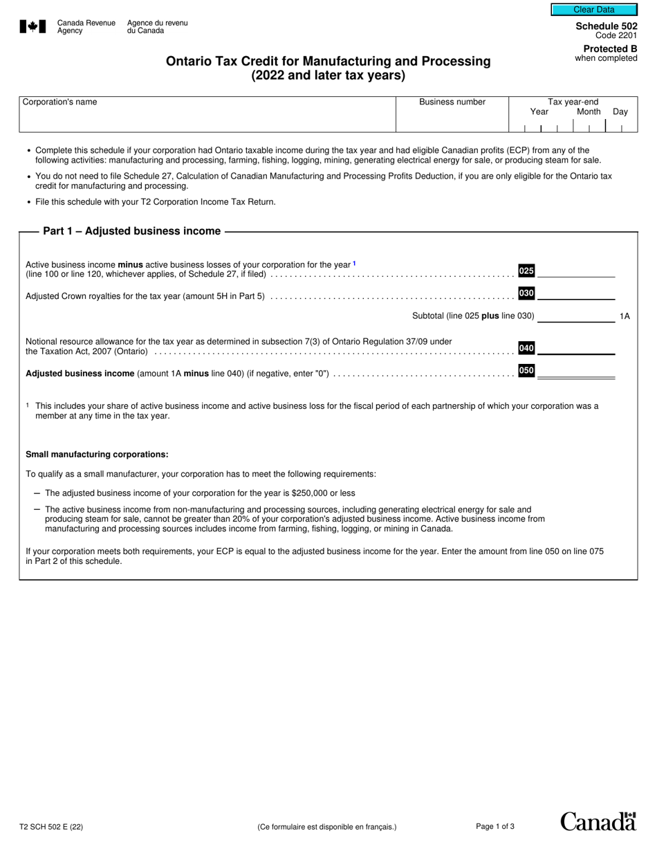 Form T2 Schedule 502 Ontario Tax Credit for Manufacturing and Processing (2022 and Later Tax Years) - Canada, Page 1
