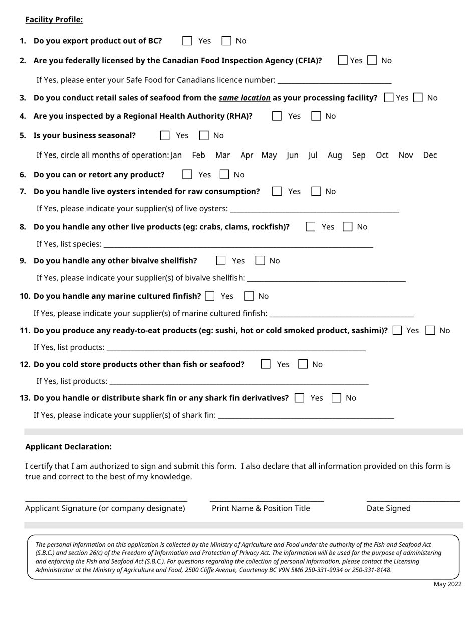Seafood Processor Licence Application - British Columbia, Canada, Page 2