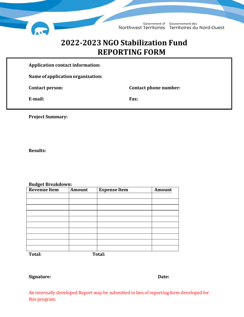Reporting Form - Ngo Stabilization Fund - Northwest Territories, Canada, Page 1