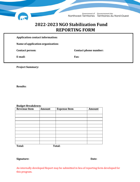 Reporting Form - Ngo Stabilization Fund - Northwest Territories, Canada, 2023