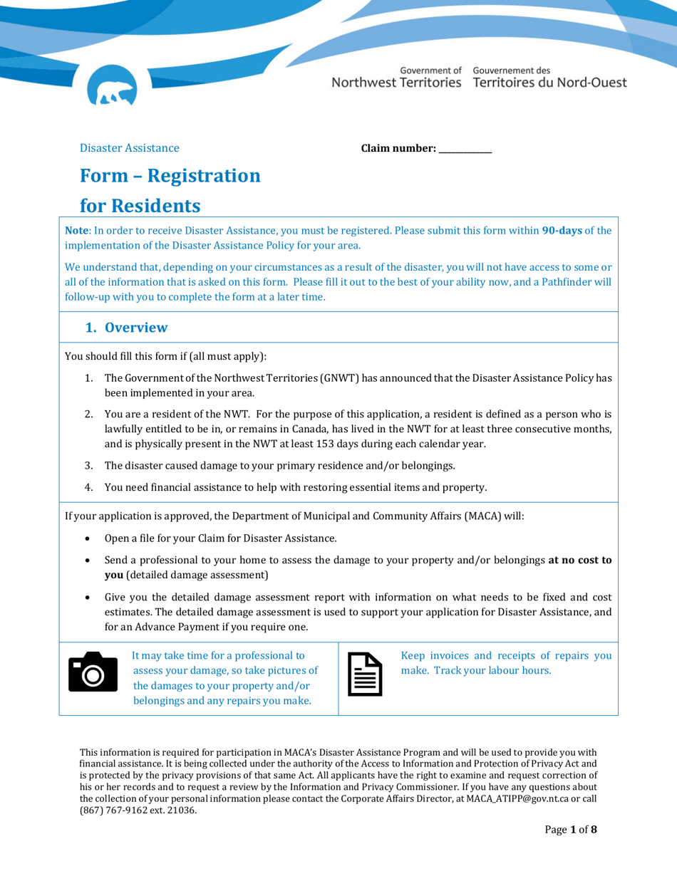 Disaster Assistance - Registration Form for Residents - Northwest Territories, Canada, Page 1