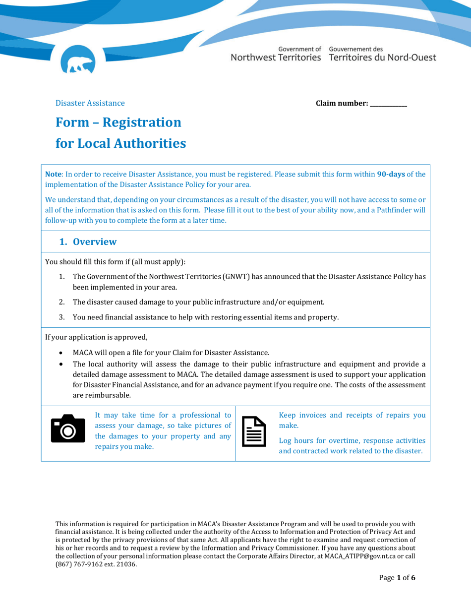 Disaster Assistance - Registration Form for Local Authorities - Northwest Territories, Canada, Page 1