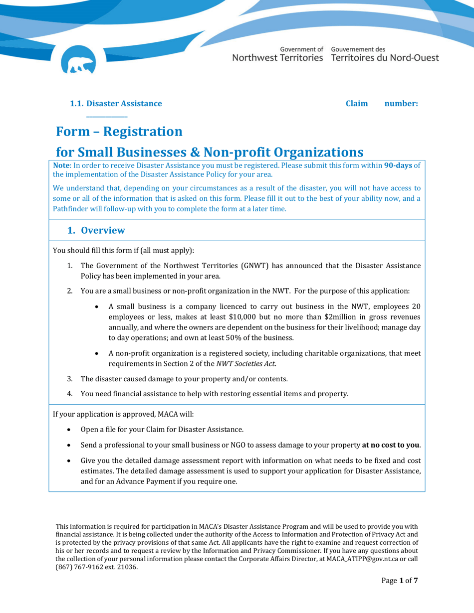 Disaster Assistance - Registration Form for Small Businesses  Non-profit Organizations - Northwest Territories, Canada, Page 1
