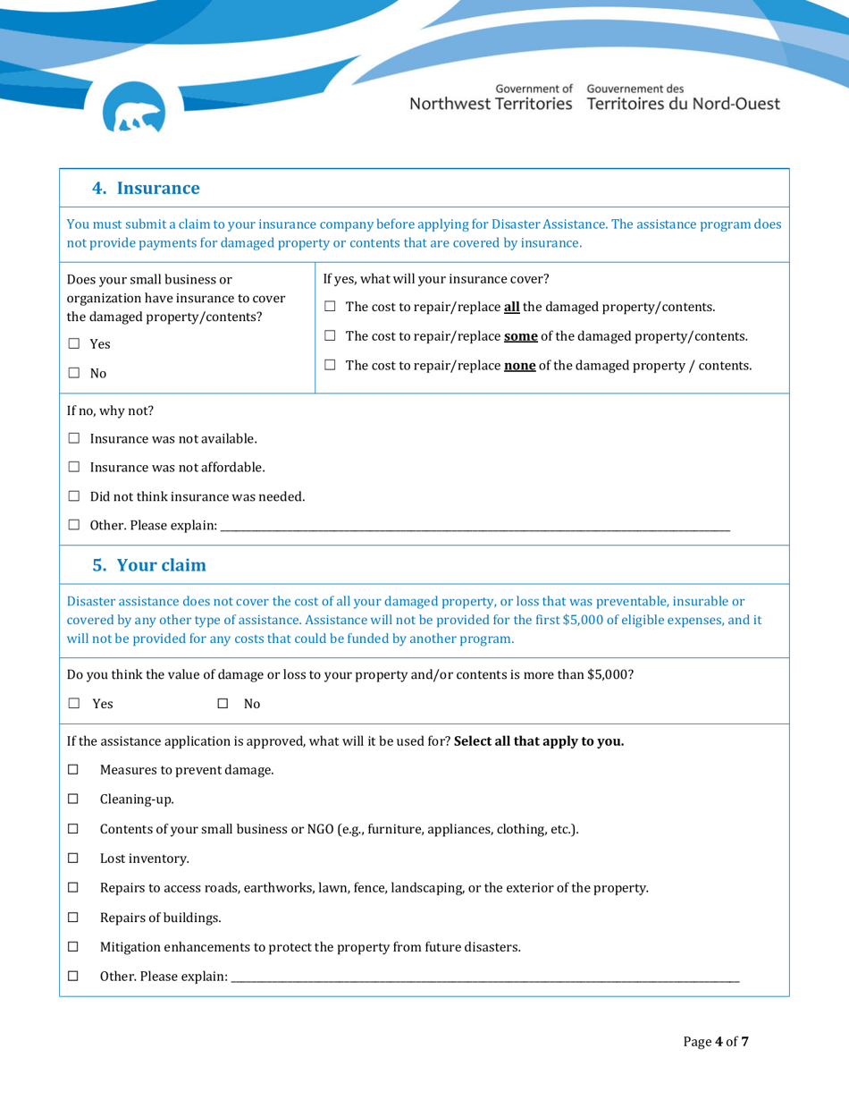 Disaster Assistance - Registration Form for Small Businesses  Non-profit Organizations - Northwest Territories, Canada, Page 4