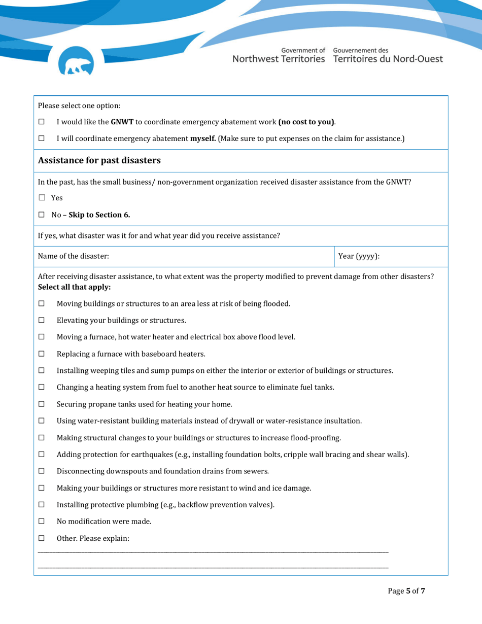 Disaster Assistance - Registration Form for Small Businesses  Non-profit Organizations - Northwest Territories, Canada, Page 5