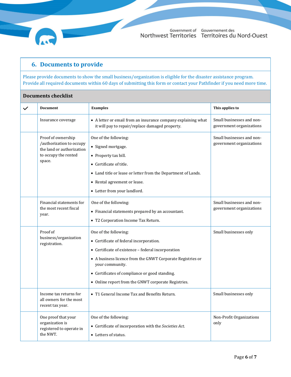 Disaster Assistance - Registration Form for Small Businesses  Non-profit Organizations - Northwest Territories, Canada, Page 6