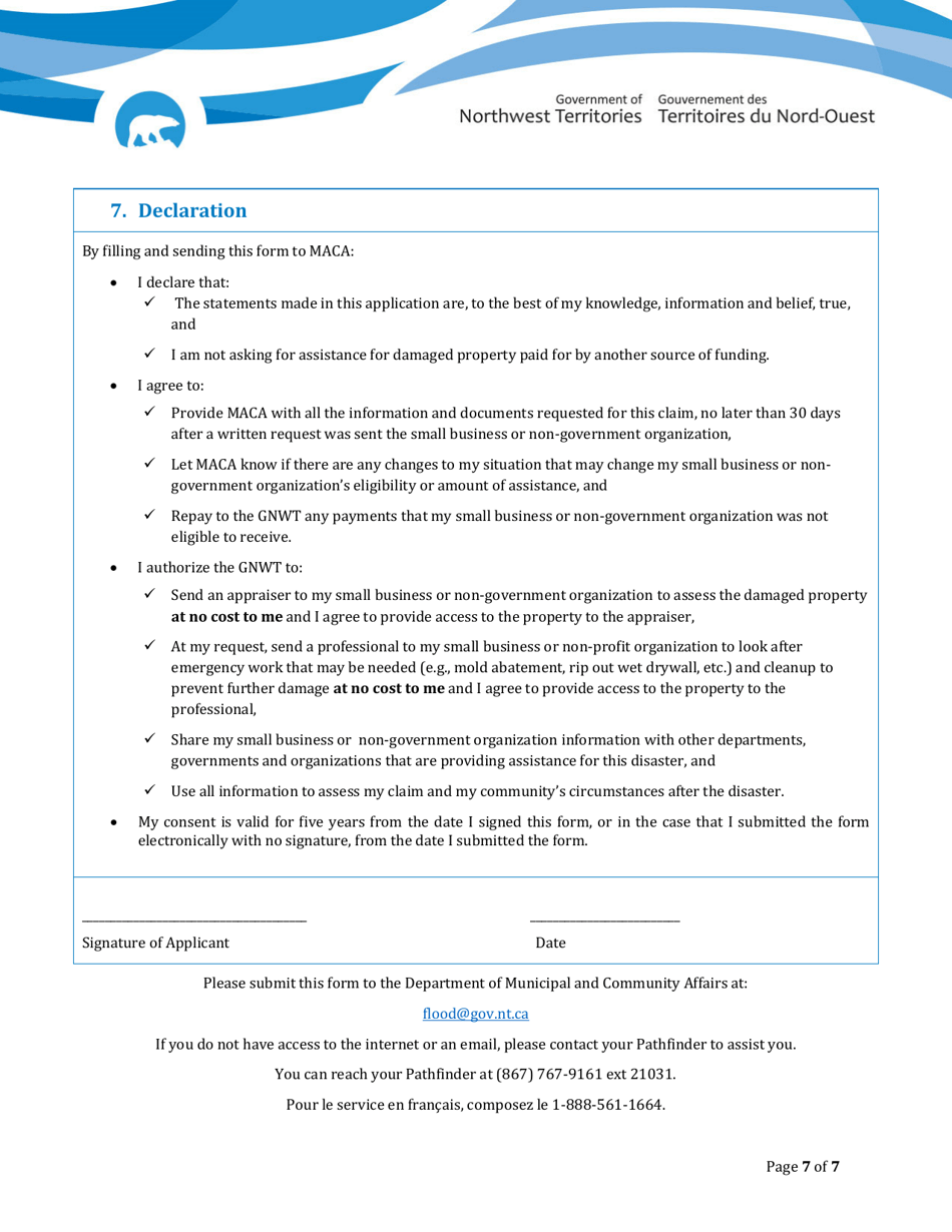 Disaster Assistance - Registration Form for Small Businesses  Non-profit Organizations - Northwest Territories, Canada, Page 7