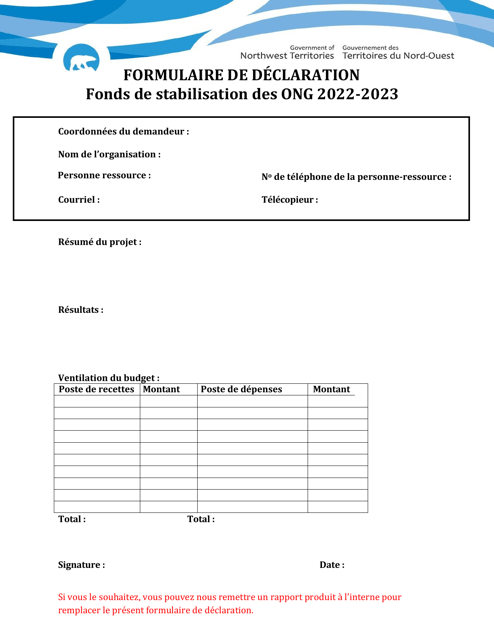 Formulaire De Declaration - Fonds De Stabilisation DES Ong - Northwest Territories, Canada (French), 2023