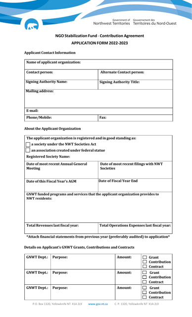 Contribution Agreement Application Form - Ngo Stabilization Fund - Northwest Territories, Canada, 2023