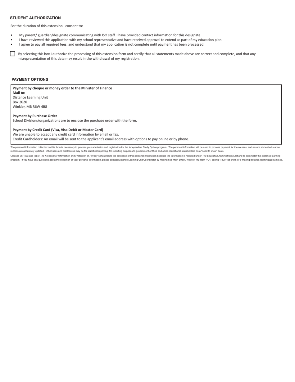 Extension Form for Independent Study Option Students (Iso) - Manitoba, Canada, Page 3