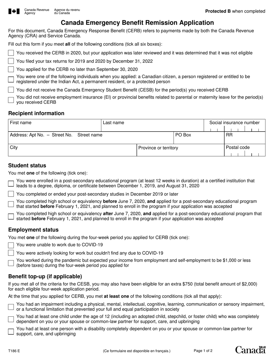 Form T186 Canada Emergency Benefit Remission Application - Canada, Page 1