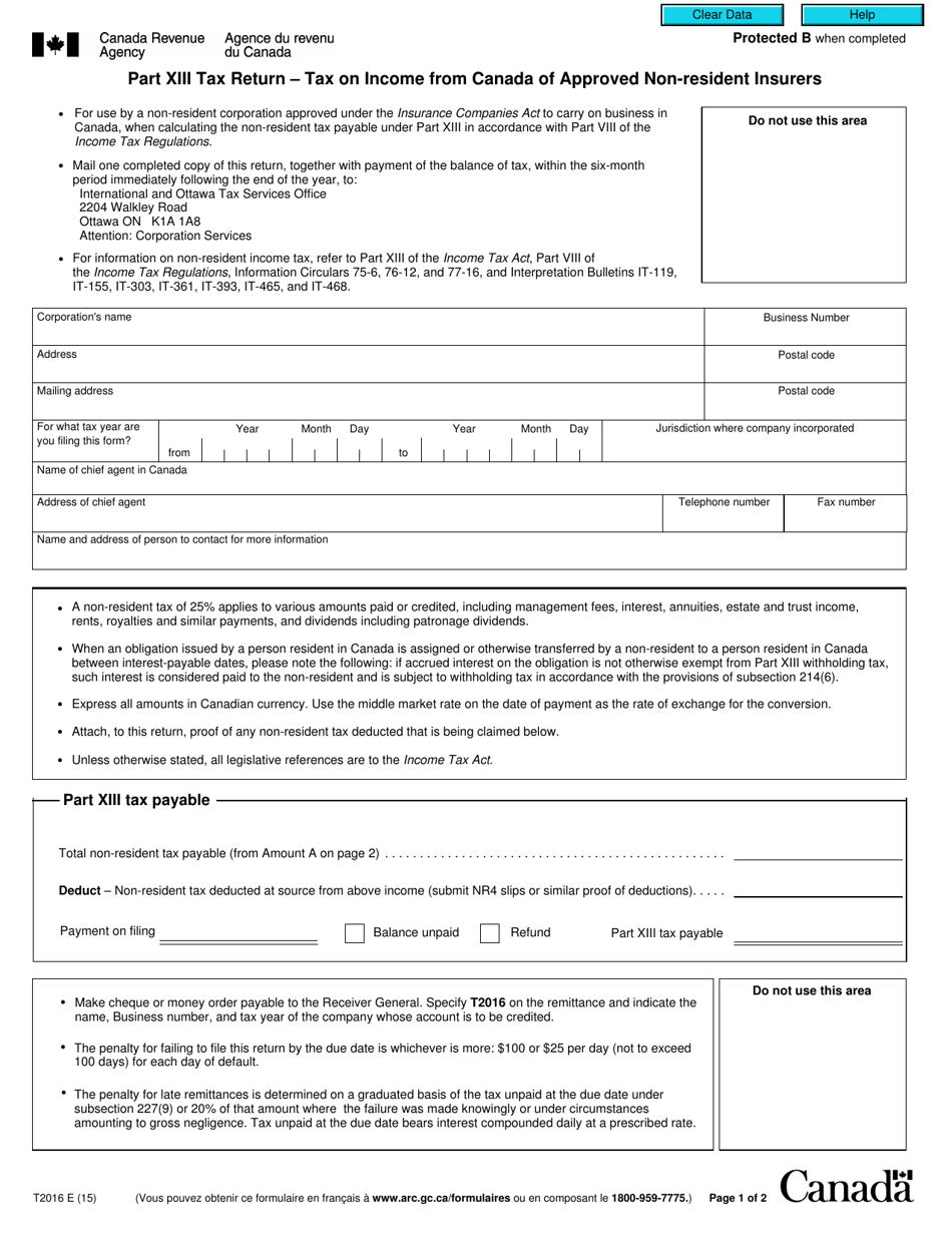 Form T2016 Part Xiii Tax Return - Tax on Income From Canada of Approved Non-resident Insurers - Canada, Page 1