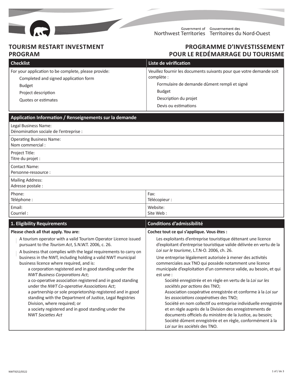 Form NWT9252 Tourism Restart Investment Program Application - Northwest Territories, Canada (English / French), Page 1