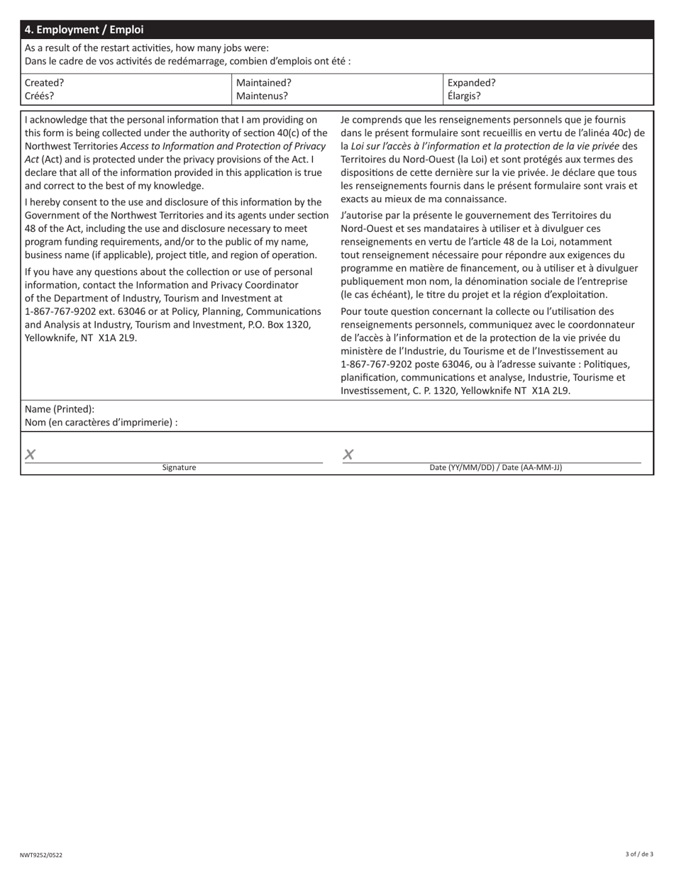Form NWT9252 Tourism Restart Investment Program Application - Northwest Territories, Canada (English / French), Page 3