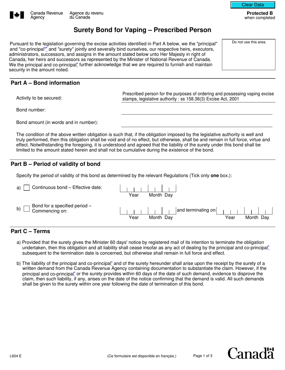 Form L604 Surety Bond for Vaping - Prescribed Person - Canada, Page 1
