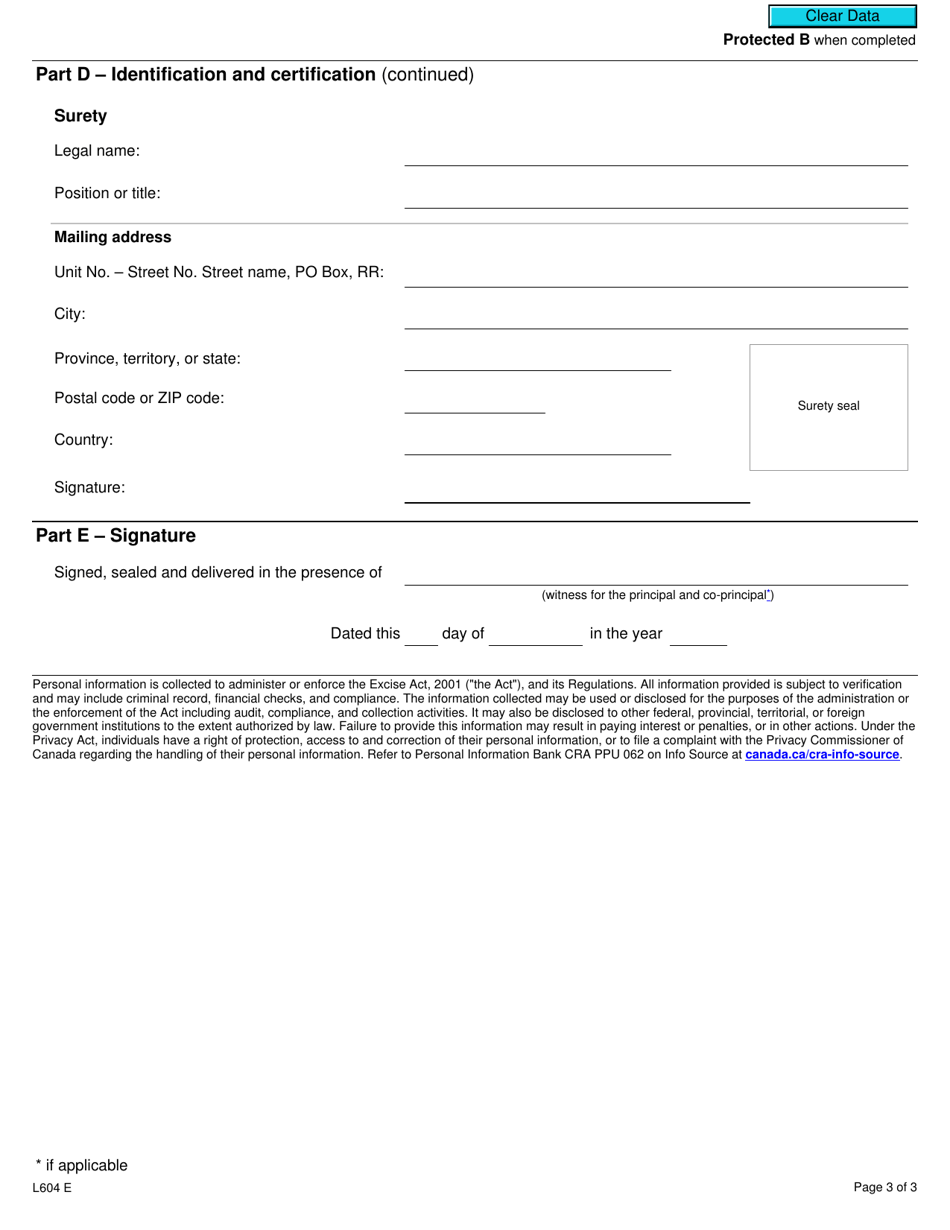 Form L604 Surety Bond for Vaping - Prescribed Person - Canada, Page 3