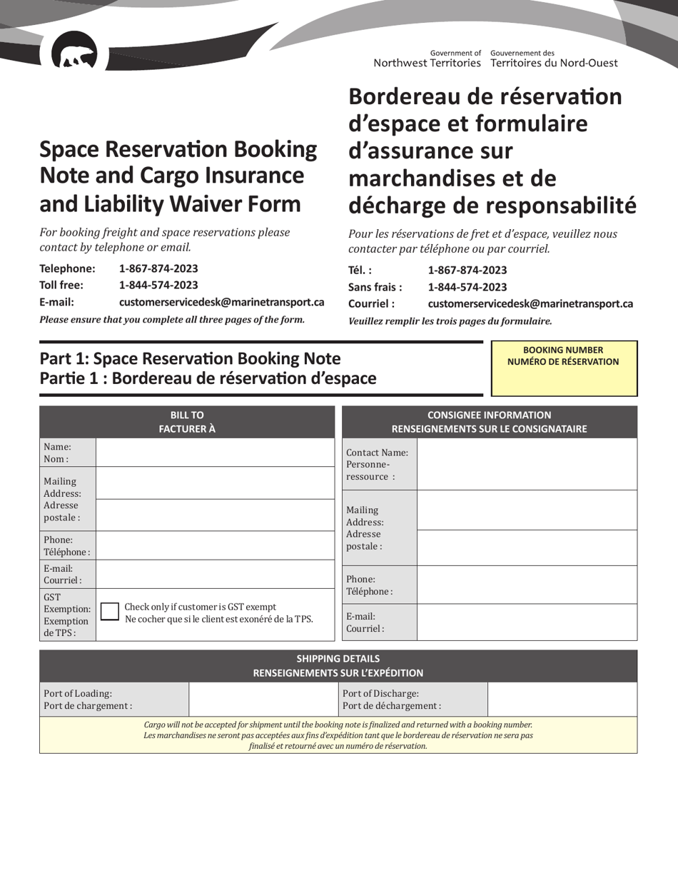 Space Reservation Booking Note and Cargo Insurance and Liability Waiver Form - Northwest Territories, Canada, Page 1