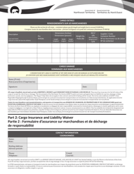 Space Reservation Booking Note and Cargo Insurance and Liability Waiver Form - Northwest Territories, Canada, Page 2