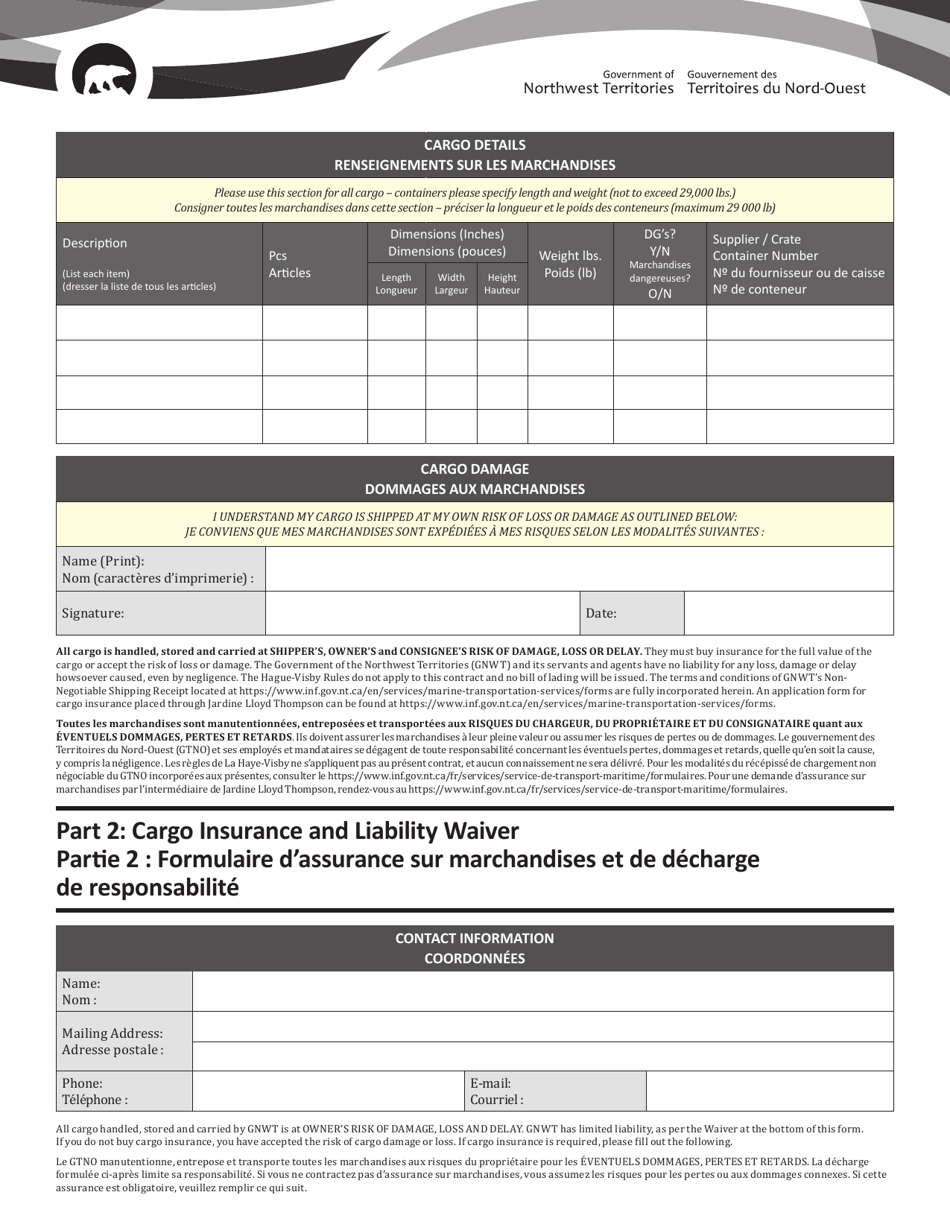 Space Reservation Booking Note and Cargo Insurance and Liability Waiver Form - Northwest Territories, Canada, Page 2