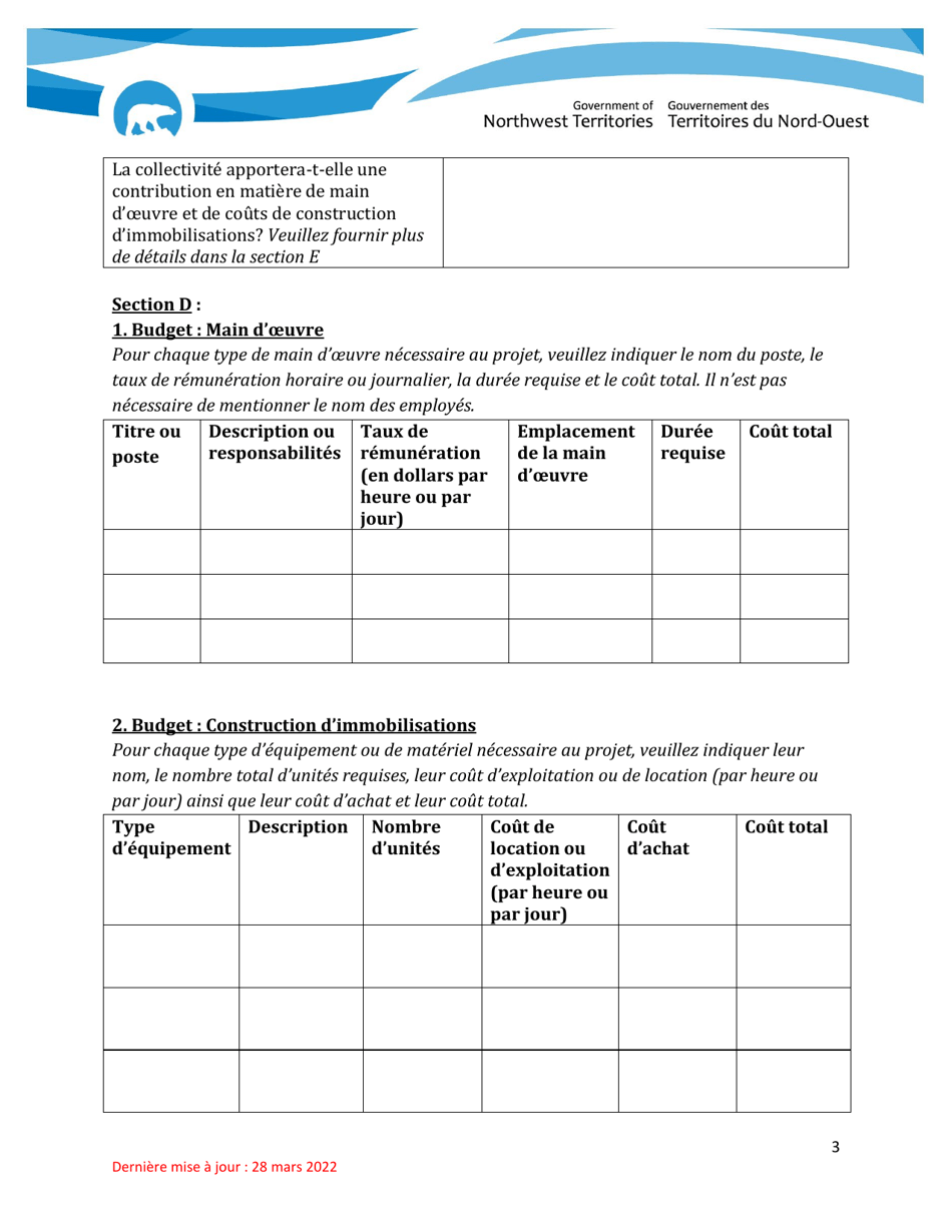 Formulaire De Demande De Financement - Programme Dacces Aux Collectivites - Northwest Territories, Canada (French), Page 3