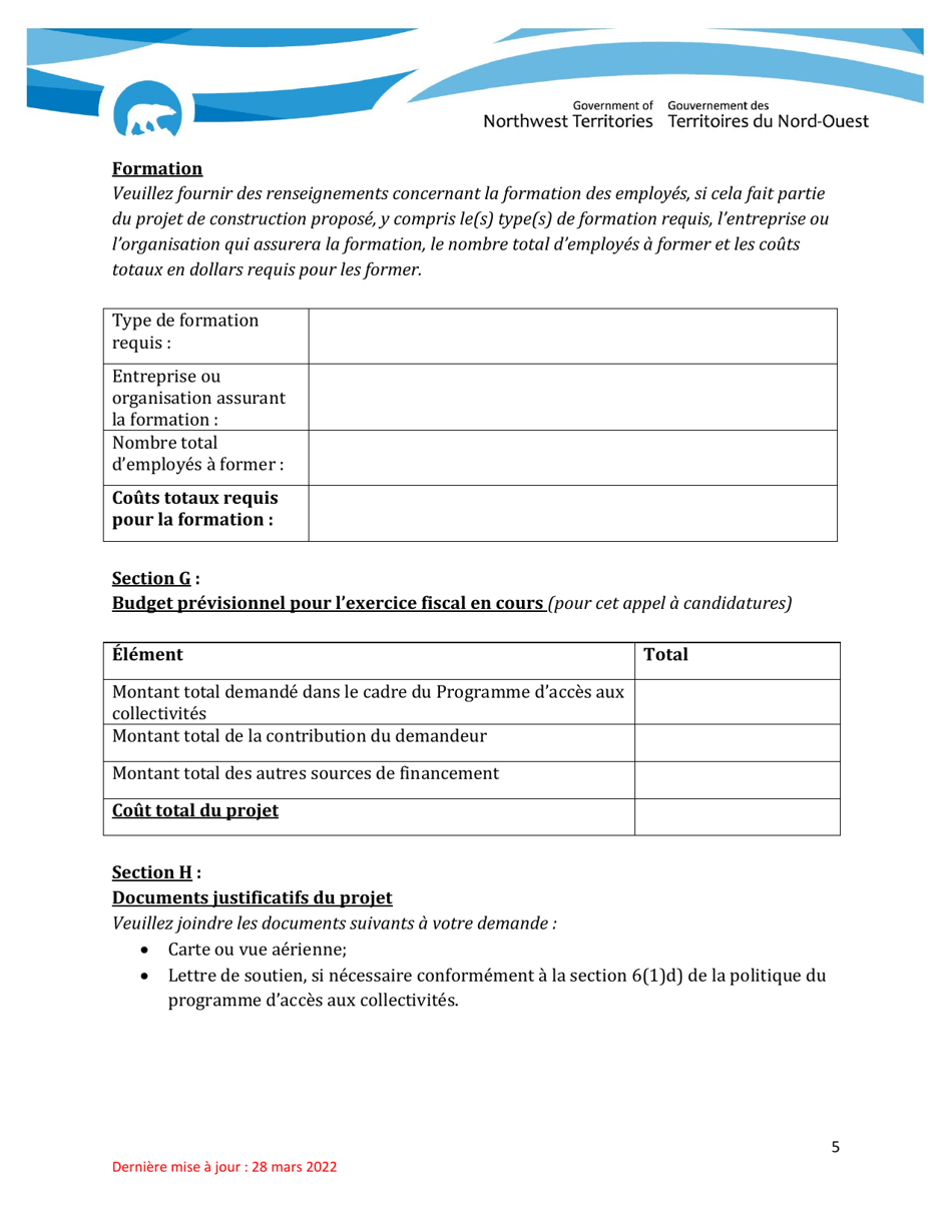 Formulaire De Demande De Financement - Programme Dacces Aux Collectivites - Northwest Territories, Canada (French), Page 5