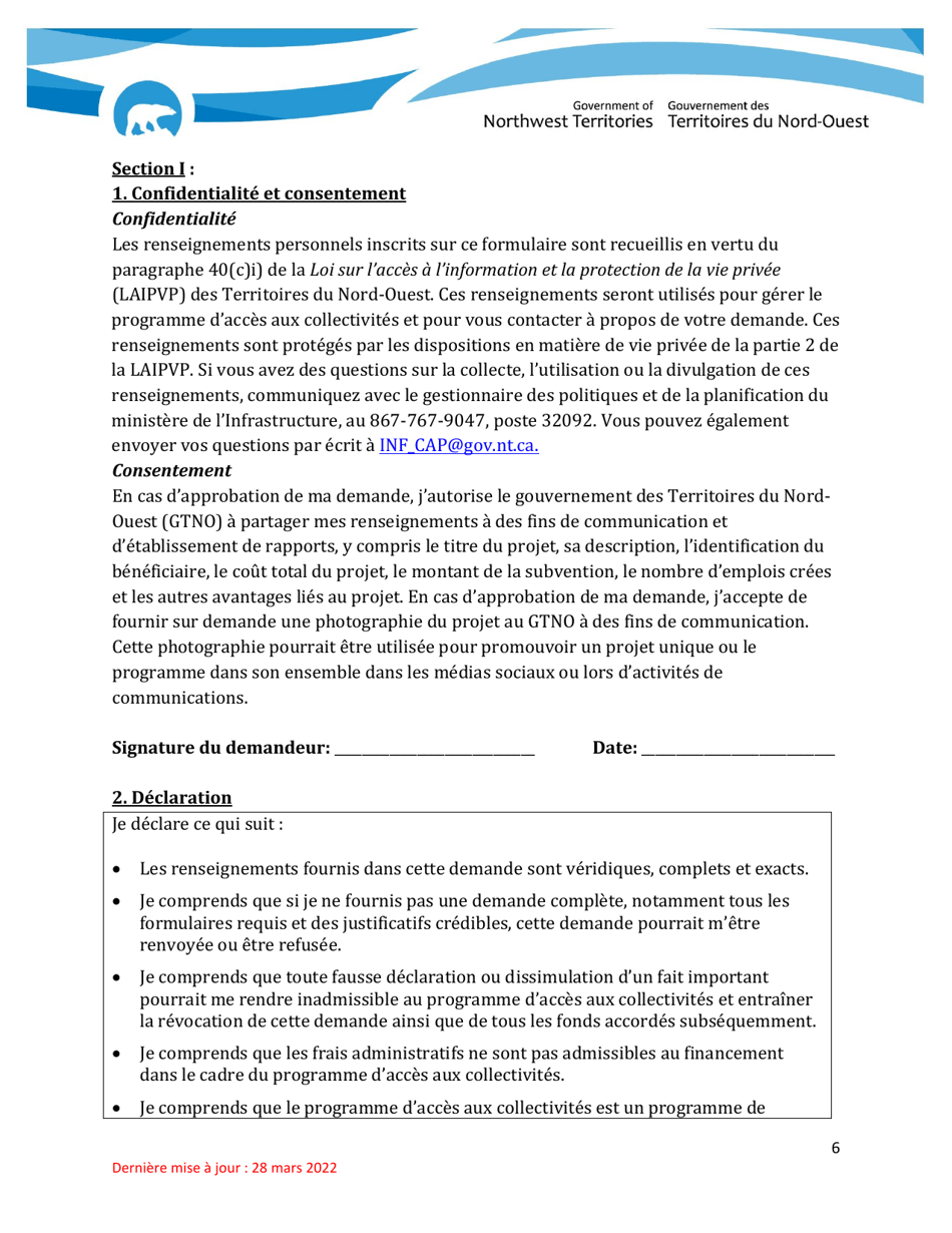 Formulaire De Demande De Financement - Programme Dacces Aux Collectivites - Northwest Territories, Canada (French), Page 6