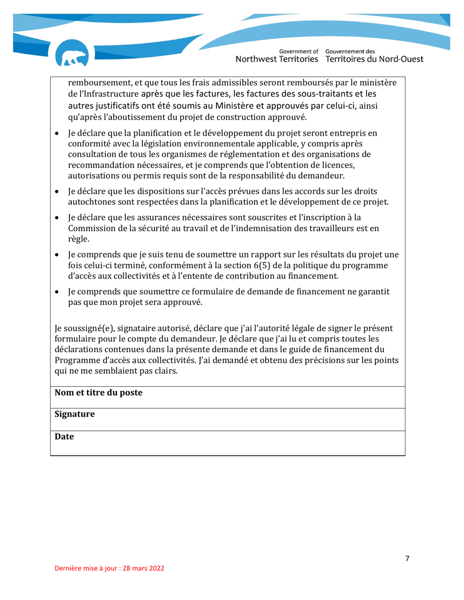 Formulaire De Demande De Financement - Programme Dacces Aux Collectivites - Northwest Territories, Canada (French), Page 7