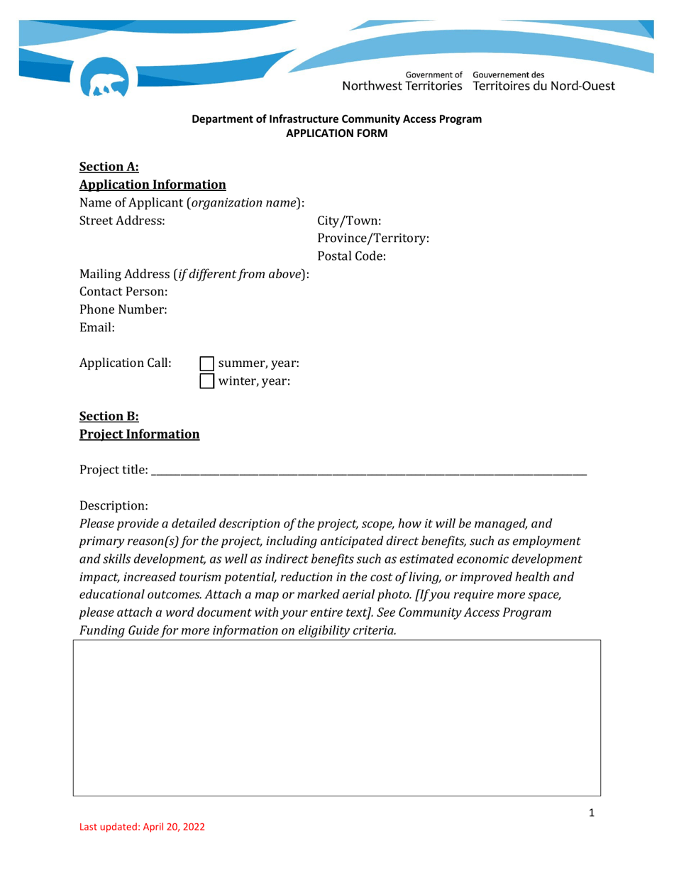 Application Form - Community Access Program - Northwest Territories, Canada, Page 1