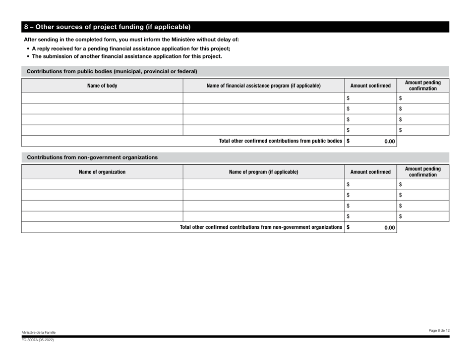 Form FO-8007A Financial Assistance Application Form - Together Against Bullying Financial Support Program - Quebec, Canada, Page 8