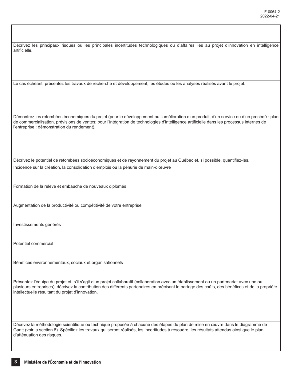 Forme F-0064-2 Volet 2, 3 Formulaire De Demande Daide Financiere - Appel De Projets Dinnovation En Intelligence Artificielle - Quebec, Canada (French), Page 3