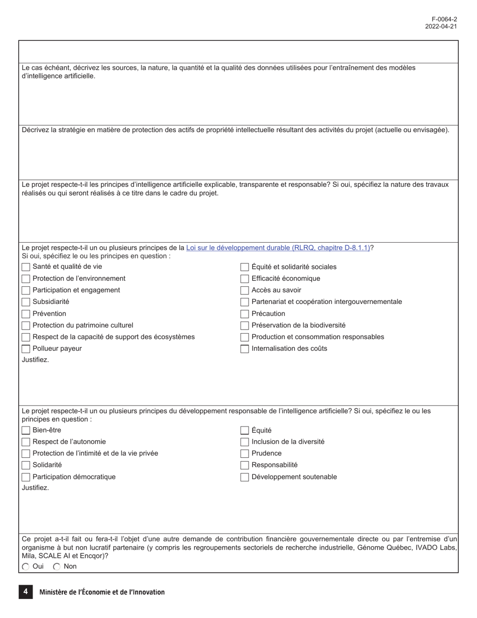 Forme F-0064-2 Volet 2, 3 Formulaire De Demande Daide Financiere - Appel De Projets Dinnovation En Intelligence Artificielle - Quebec, Canada (French), Page 4