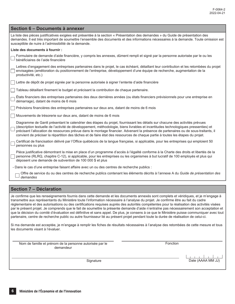 Forme F-0064-2 Volet 2, 3 Formulaire De Demande Daide Financiere - Appel De Projets Dinnovation En Intelligence Artificielle - Quebec, Canada (French), Page 6