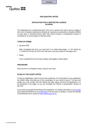Form SJ-604A &quot;Application for a Restricted Licence&quot; - Quebec, Canada