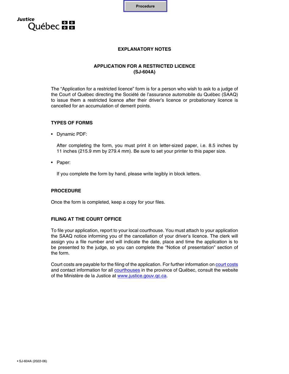 Form SJ-604A Application for a Restricted Licence - Quebec, Canada, Page 1
