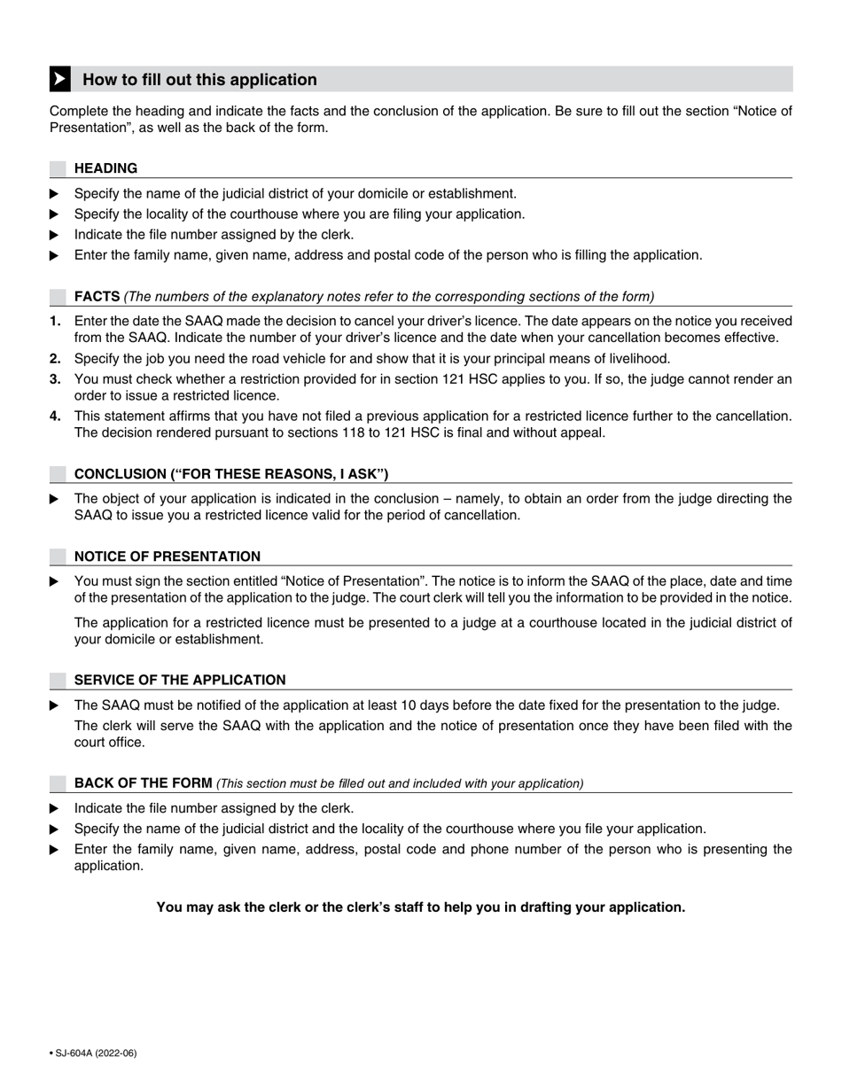 Form SJ-604A Application for a Restricted Licence - Quebec, Canada, Page 3