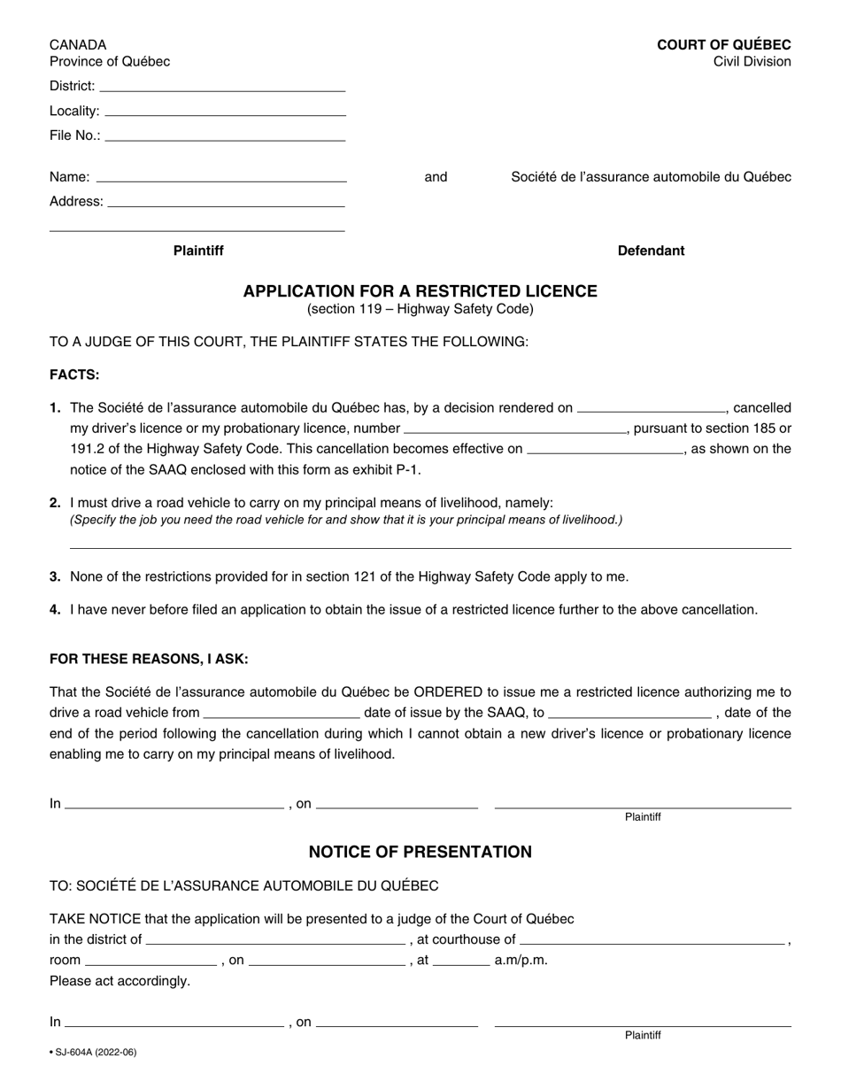 Form SJ-604A Application for a Restricted Licence - Quebec, Canada, Page 4