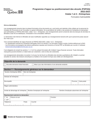 Document preview: Forme F0086-1 Volet 1, 2 Formulaire D'admissibilite - Entreprises - Programme D'appui Au Positionnement DES Alcools (Papaq) - Quebec, Canada (French), 2023
