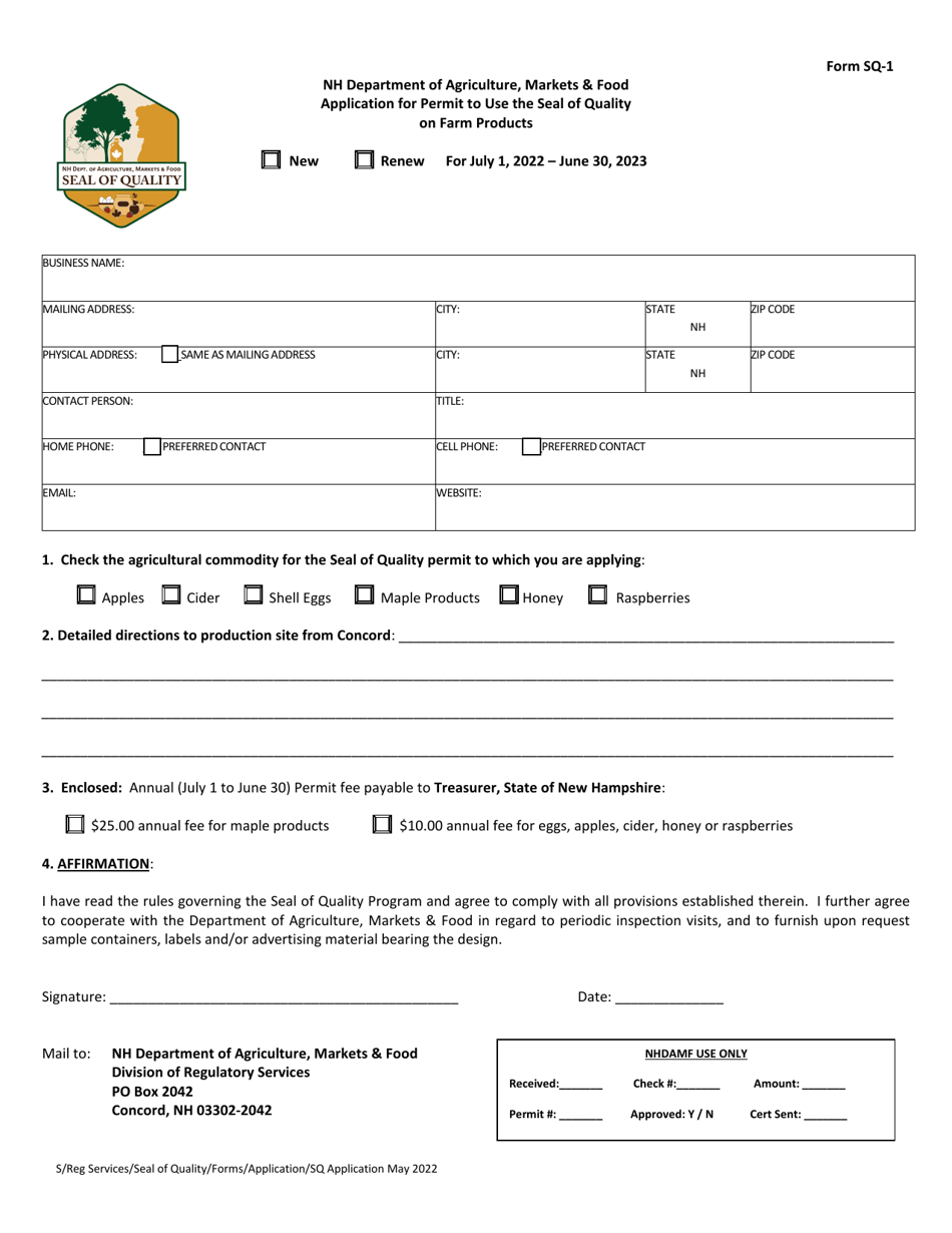 Form SQ-1 Application for Permit to Use the Seal of Quality on Farm Products - New Hampshire, Page 1