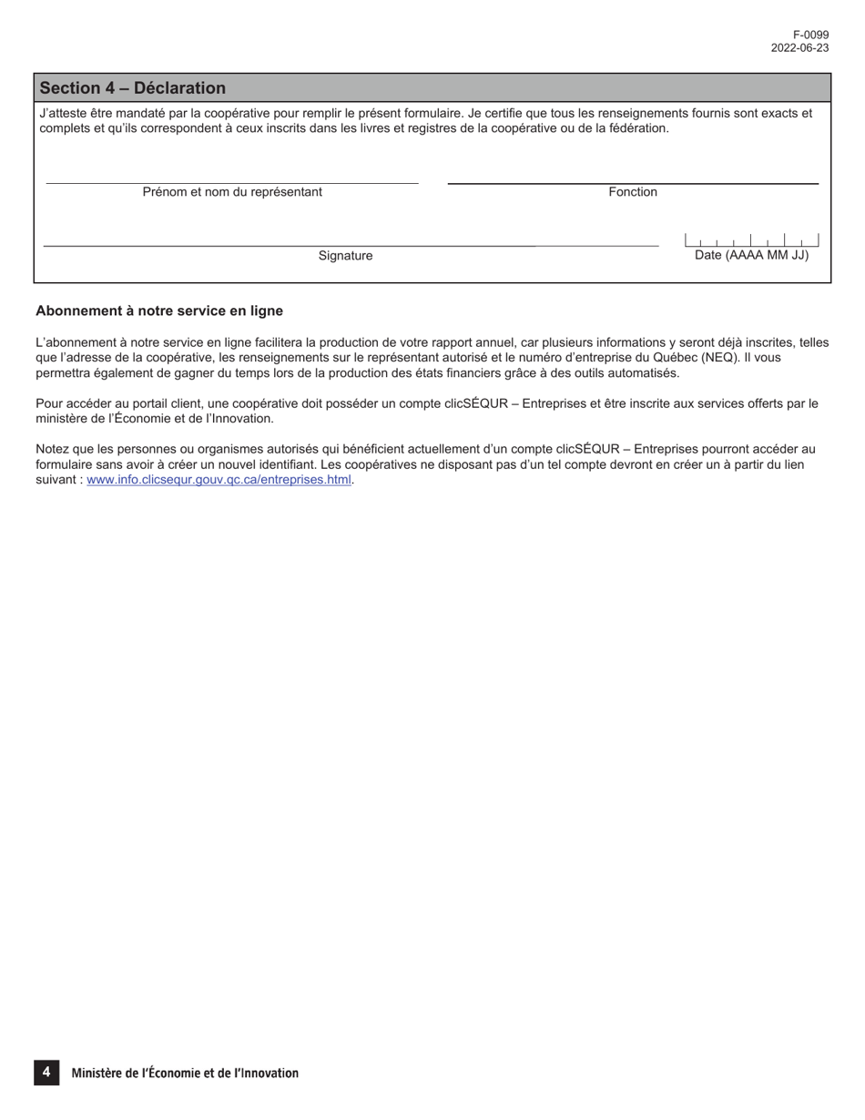Form F-0099 Formulaire Rapport Annuel Cooperative - Quebec, Canada, Page 4