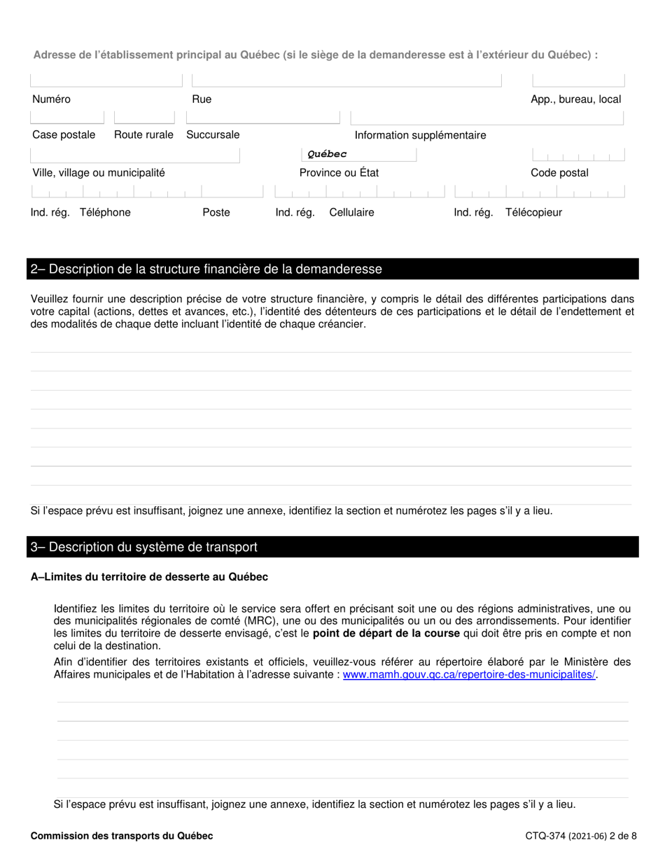 Form CTQ-374 Autorisation Dexploiter Un Systeme De Transport - Quebec, Canada, Page 2