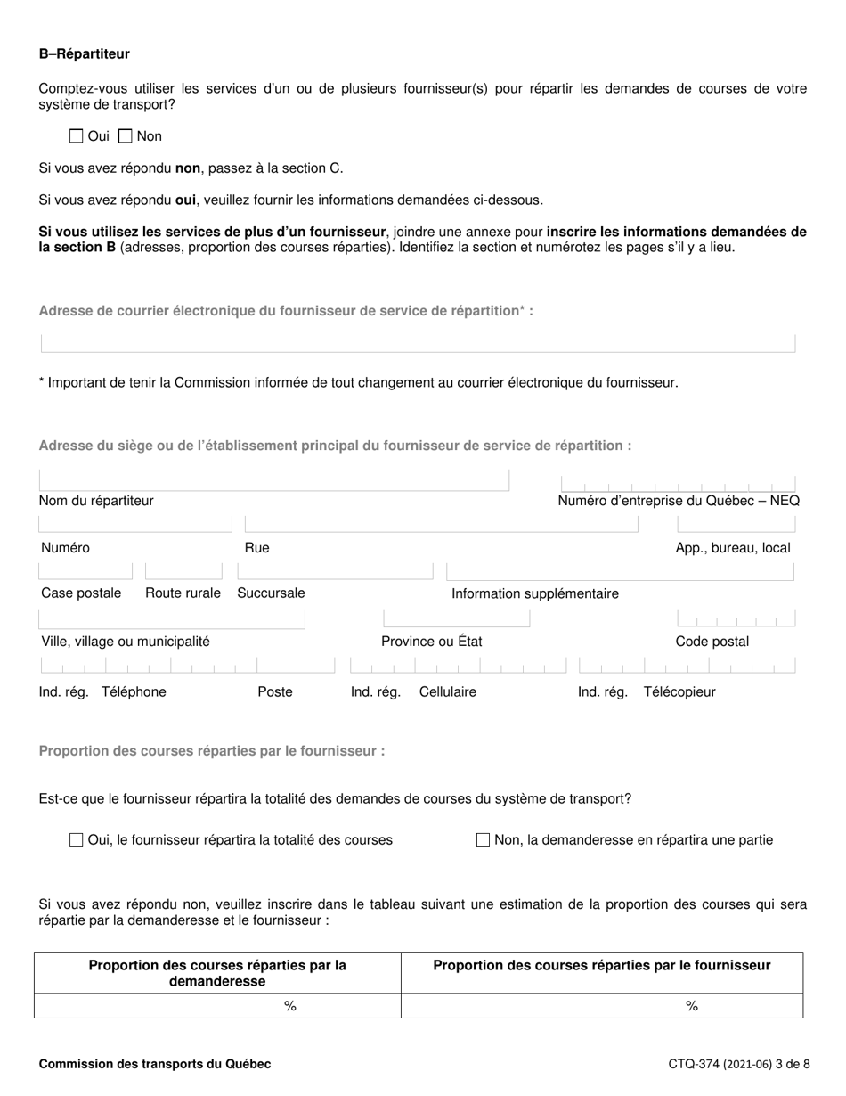 Form CTQ-374 Autorisation Dexploiter Un Systeme De Transport - Quebec, Canada, Page 3