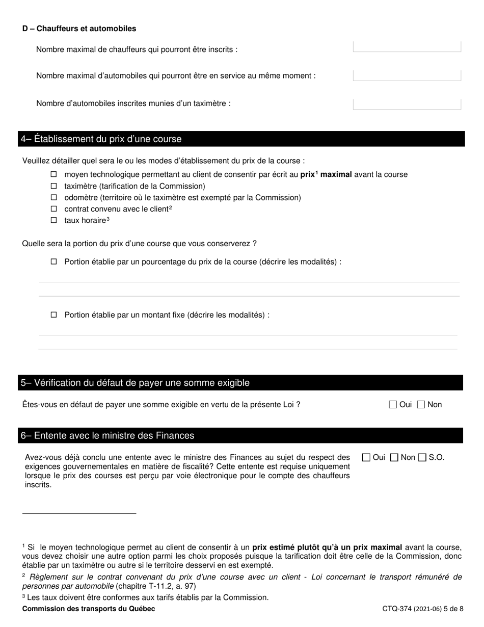 Form CTQ-374 Autorisation Dexploiter Un Systeme De Transport - Quebec, Canada, Page 5