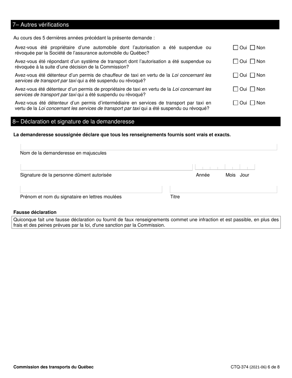 Form CTQ-374 Autorisation Dexploiter Un Systeme De Transport - Quebec, Canada, Page 6