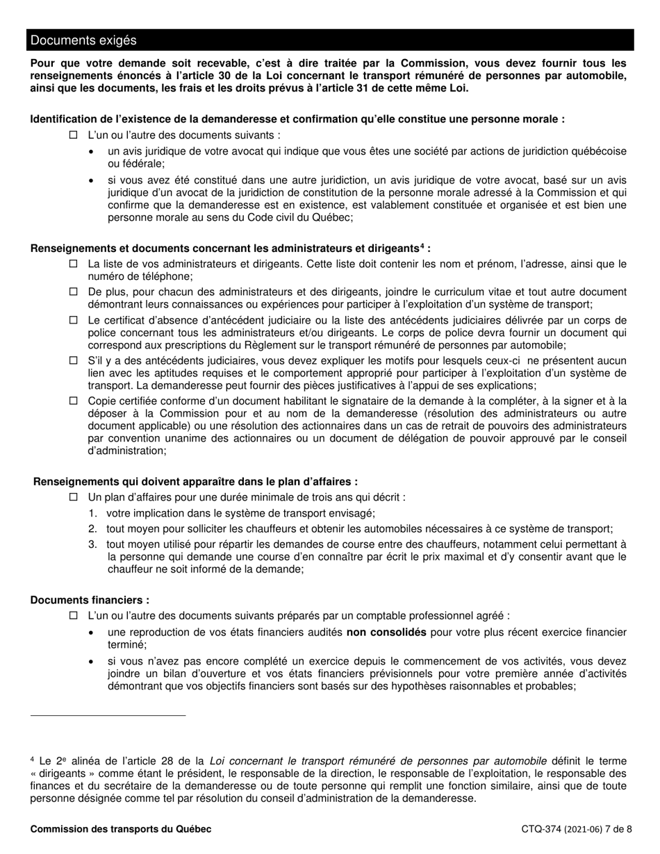 Form CTQ-374 Autorisation Dexploiter Un Systeme De Transport - Quebec, Canada, Page 7