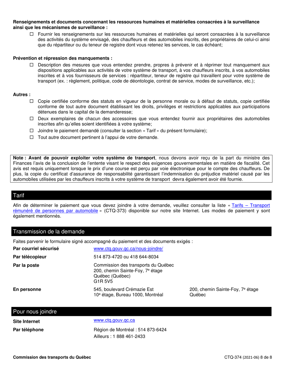 Form CTQ-374 Autorisation Dexploiter Un Systeme De Transport - Quebec, Canada, Page 8