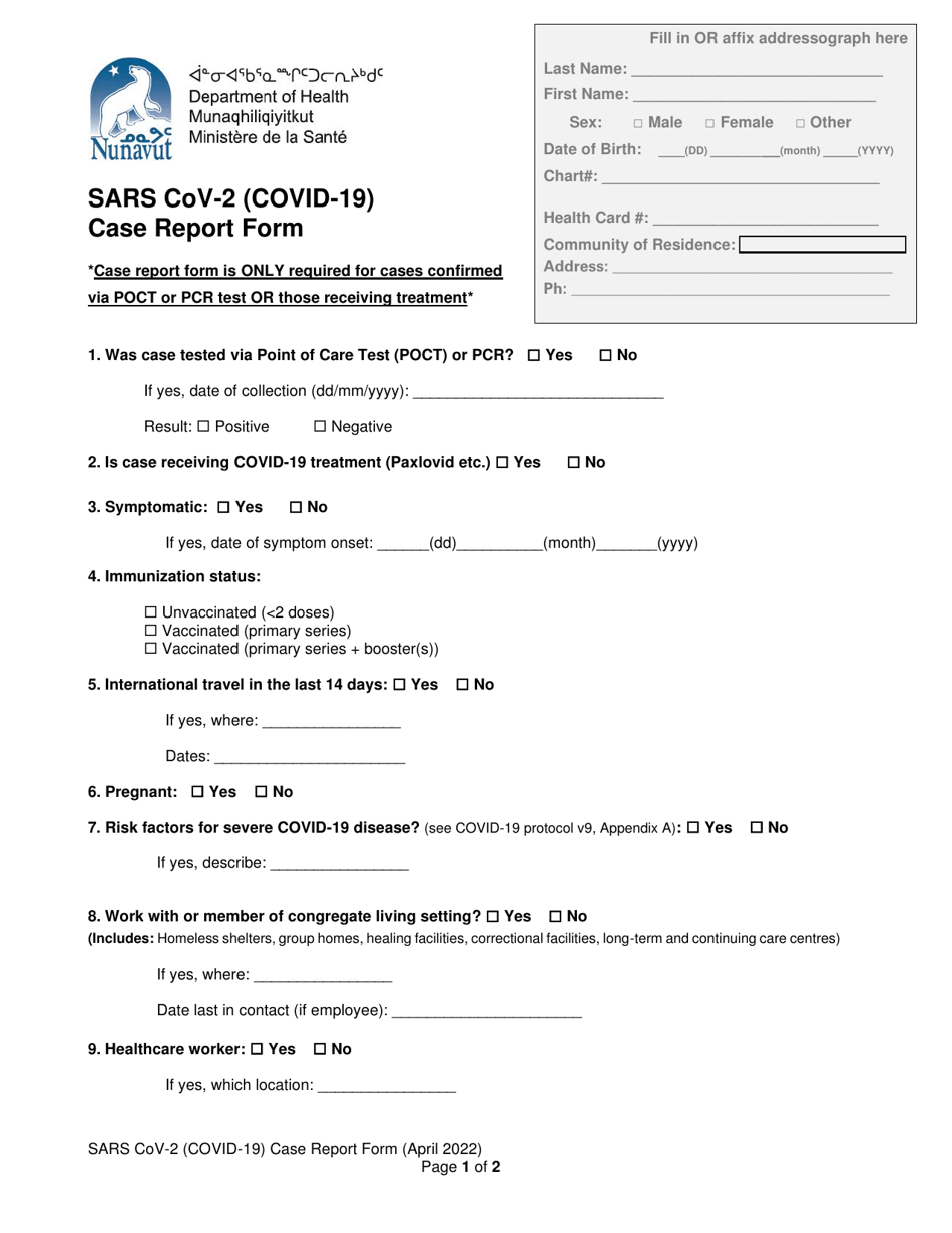 Sars Cov-2 (Covid-19) Case Report Form - Nunavut, Canada, Page 1