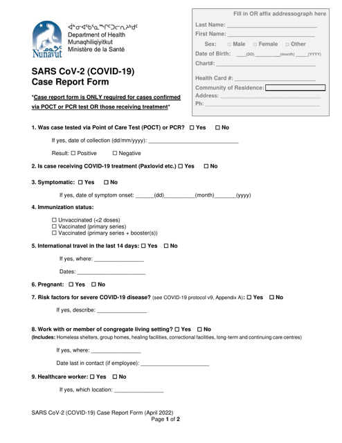 Sars Cov-2 (Covid-19) Case Report Form - Nunavut, Canada Download Pdf