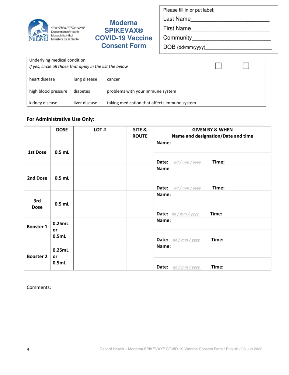 Moderna Spikevax Covid-19 Vaccine Consent Form - Nunavut, Canada, Page 3