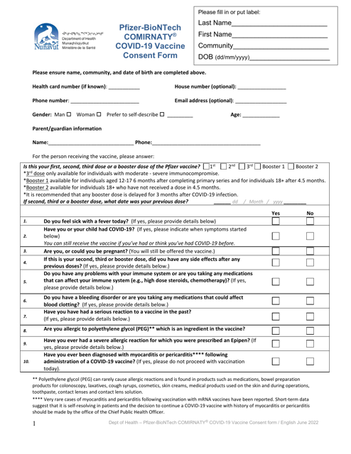 Pfizer-Biontech Comirnaty Covid-19 Vaccine Consent Form - Nunavut, Canada Download Pdf